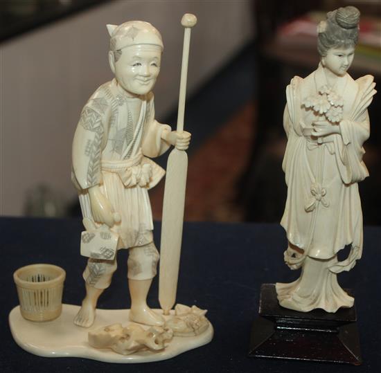 Three Japanese ivory okimono and a Chinese ivory figure, early 20th century, 8.5 - 18cm